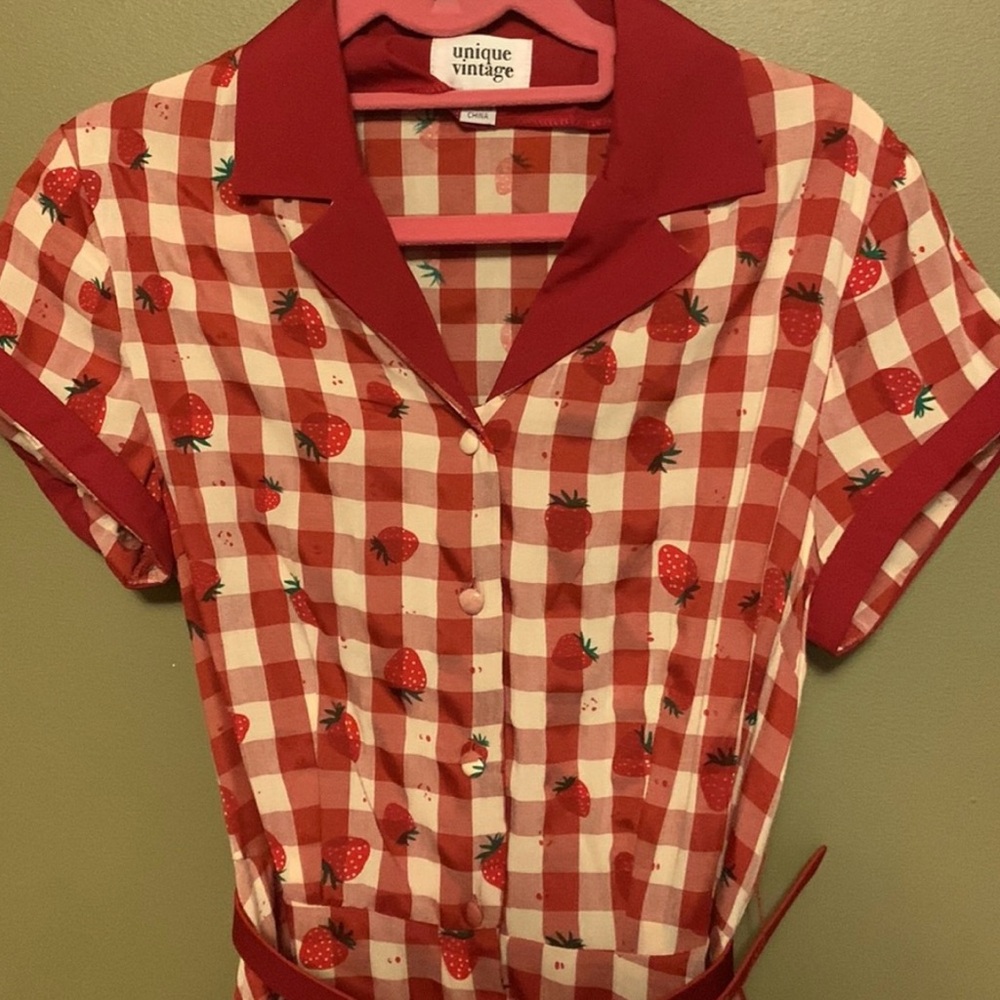 Unique Vintage Red and White Strawberry Gingham Shirt Dress